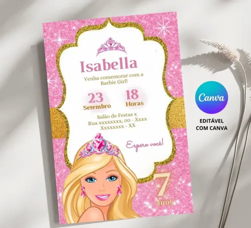 Convite Digital Barrbie - Editável no Canva
