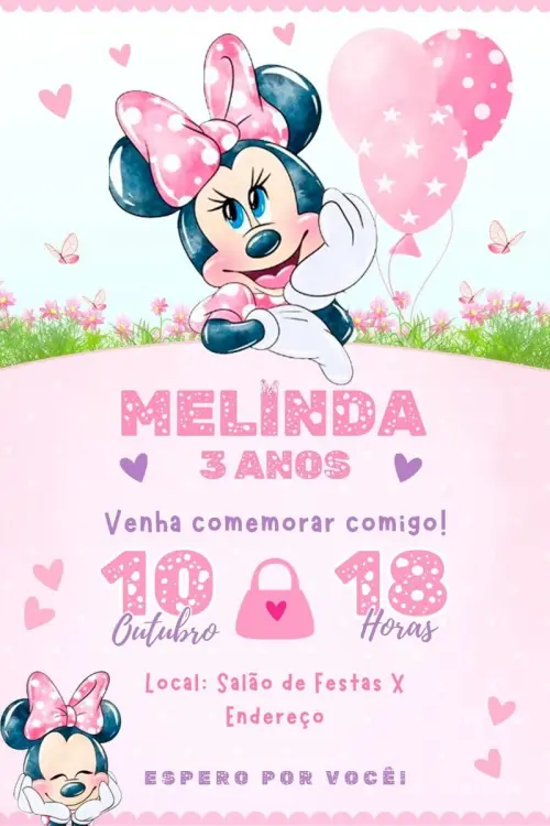 Convite Digital Minnie Rosa - Editável no Canva