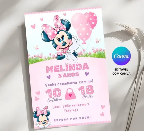 Convite Digital Minnie Rosa - Editável no Canva