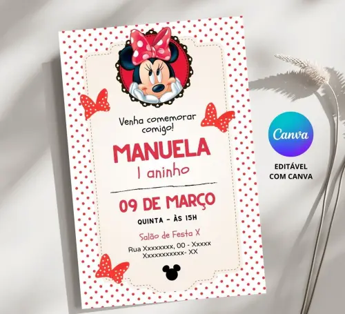 Convite Digital Minnie Vermelha - Editável no Canva