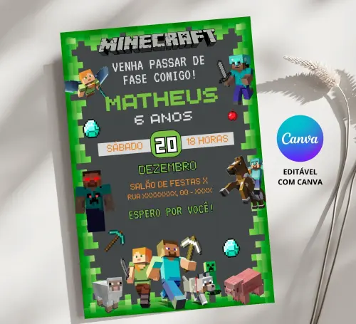 Convite Digital Minecraft - Editável no Canva
