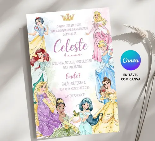Convite Digital Princesas da Disney - Editável no Canva