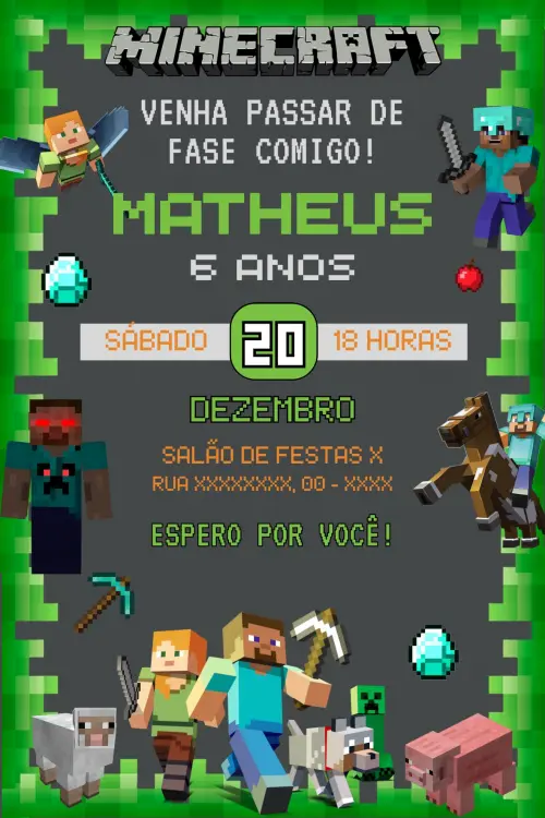 Convite Digital Minecraft - Editável no Canva