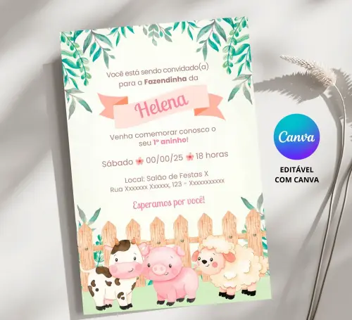 Convite Digital Fazendinha - Editável no Canva