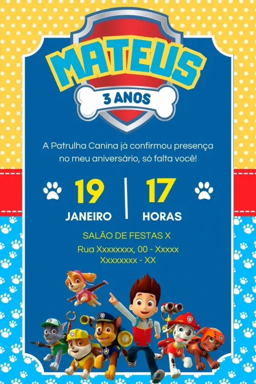 Convite Digital Patrulha Canina - Editável no Canva