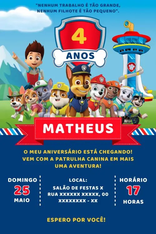 Convite Digital Patrulha Canina - Editável no Canva