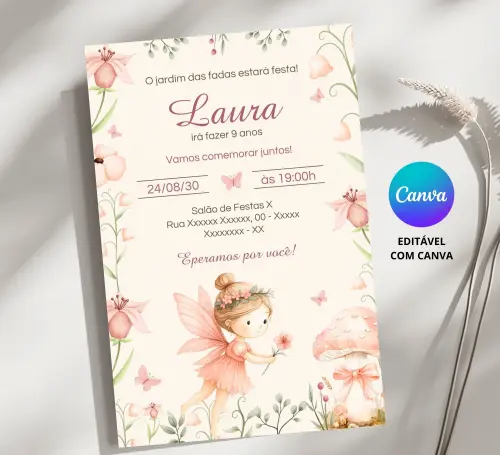 Convite Digital de Fada- Editável no Canva
