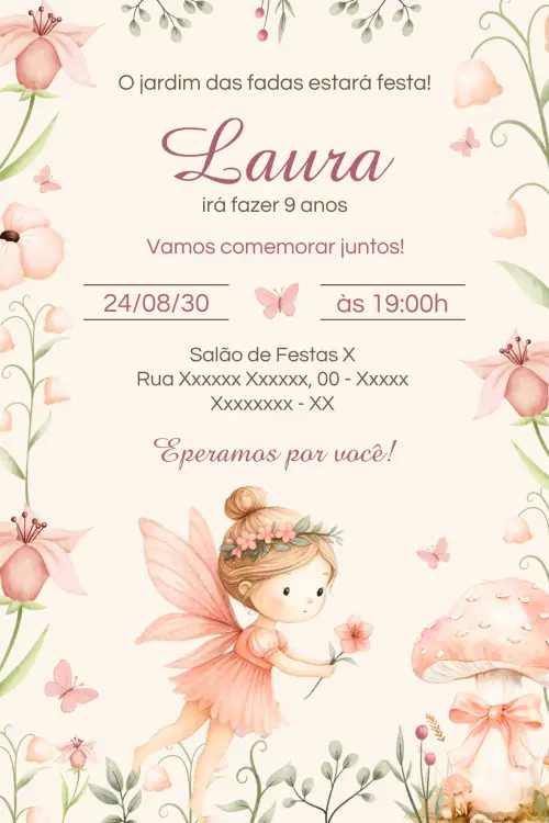 Convite Digital de Fada- Editável no Canva