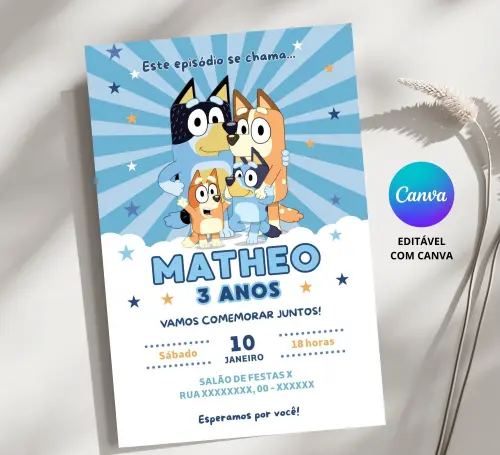 Convite Digital Bluey e Bingo - Editável no Canva