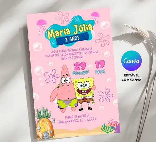 Convite Digital Bob Esponja Rosa - Editável no Canva