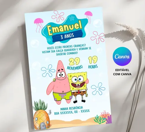 Convite Digital Bob Esponja - Editável no Canva