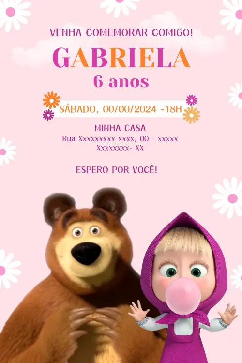 Convite Digital Masha e o Urso - Editável no Canva