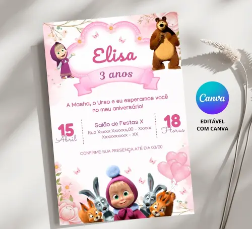 Convite Digital Masha e o Urso - Editável no Canva - Cópia