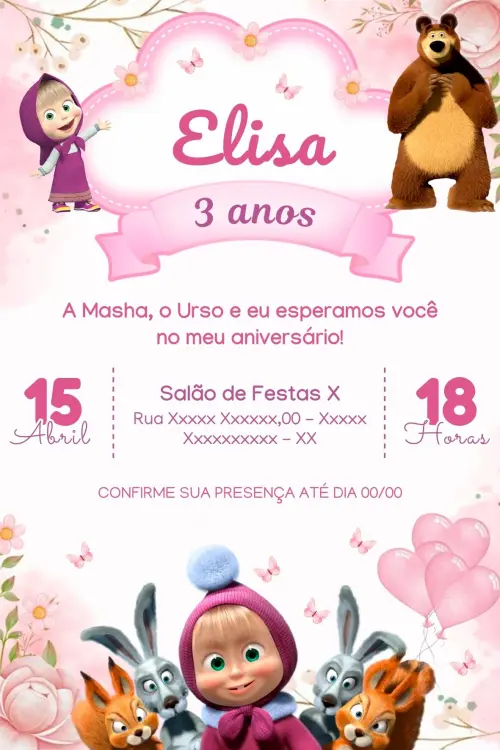 Convite Digital Masha e o Urso - Editável no Canva