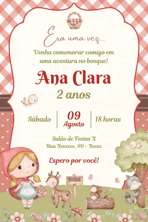 Convite Digital Chapeuzinho Vermelho - Editável no Canva