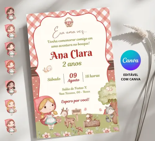 Convite Digital Chapeuzinho Vermelho - Editável no Canva