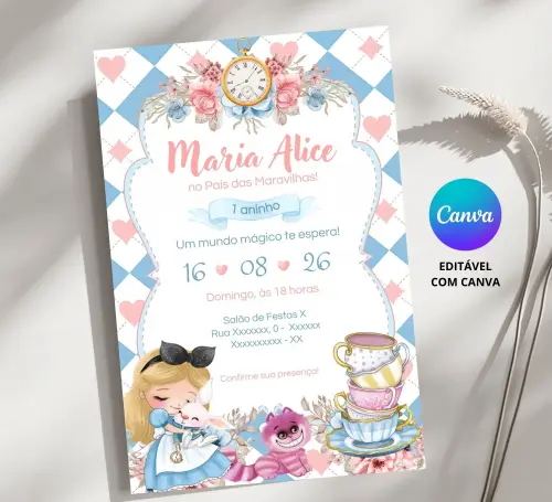 Convite Digital Alice no País das Maravilhas - Editável no Canva