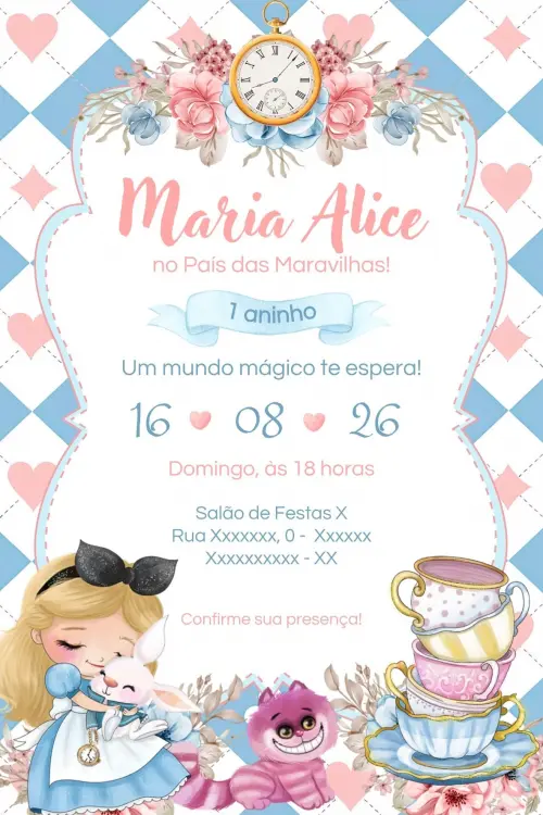 Convite Digital Alice no País das Maravilhas - Editável no Canv