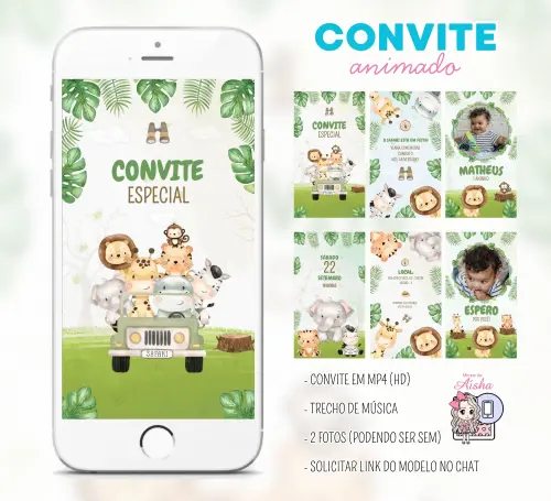 Convite Animado Safari Baby - Editável no Canva
