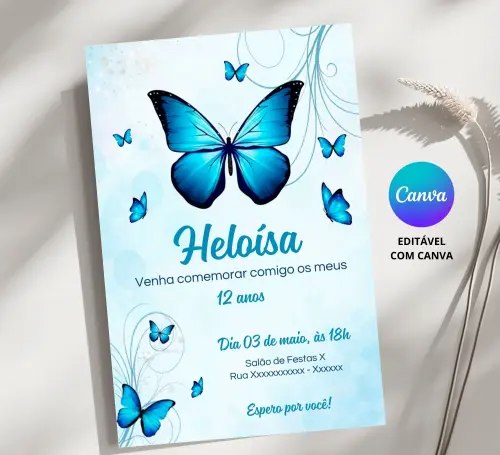 Convite Digital Borboleta Azul- Editável no Canva