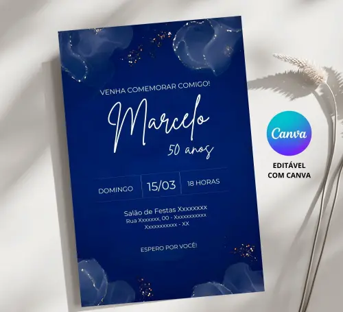Convite Digital Masculino Azul - Editável no Canva