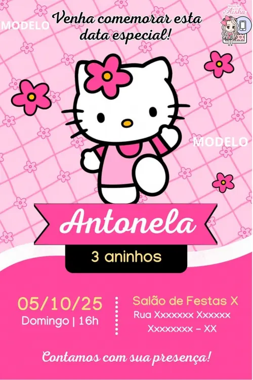 Convite Hello Kitty Digital Editável no Canva | Aniversário