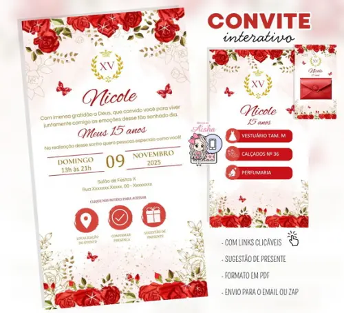 Convite Interativo 15 Anos Vermelho e Dourado