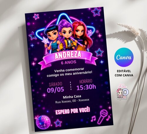 Convite Digital Guerreiras do Kpop (Huntrix) - Editável no Canva
