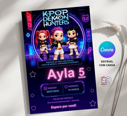Convite Digital Guerreiras do Kpop (Huntrix) - Editável no Canva