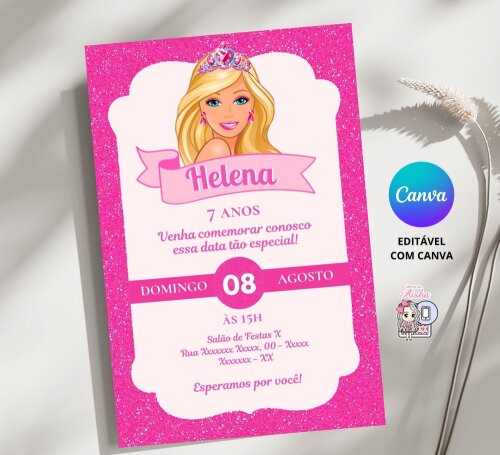 Convite Digital Barbie - Editável no Canva