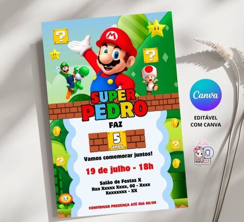 Convite Digital Super Mário - Editável no Canva