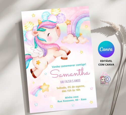 Convite Digital Unicórnio - Editável no Canva