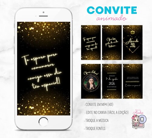 Convite Animado Preto e Dourado - Edite no Canva