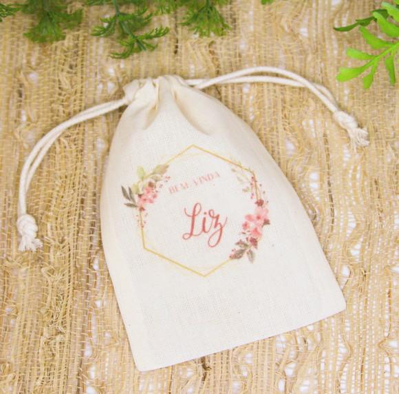 50 Saq. de Algodão Cru Personalizados c/ Babado- 9 x 12cm