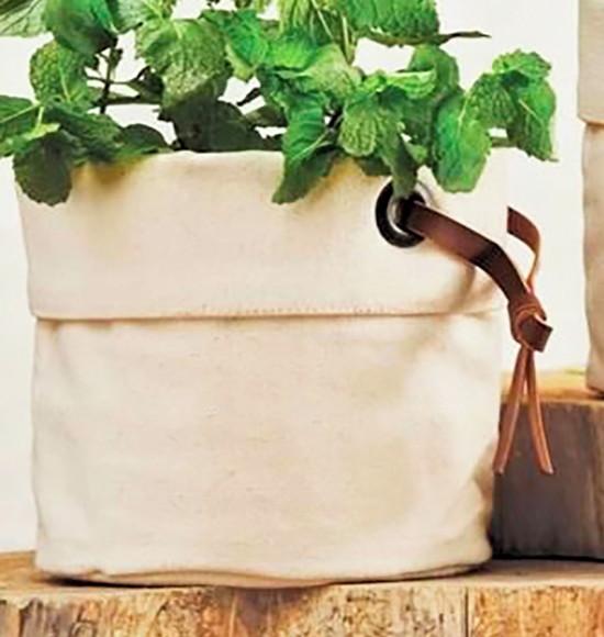 Kit 3 Cachepots em Algodão Cru c/ Detalhes em Couro Eco