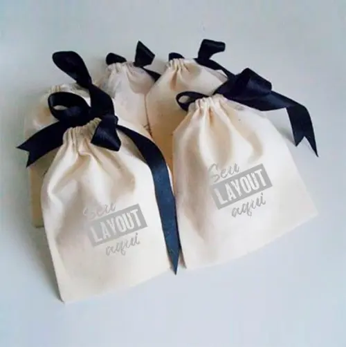 50 Saq. de Algodão Cru Personalizados c/ Fita - 9 x 12cm
