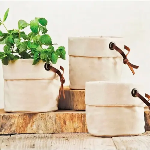 Kit 3 Cachepots em Algodão Cru c/ Detalhes em Couro Eco