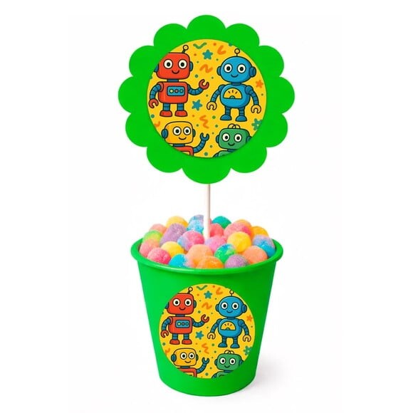 Centro de Mesa Flor Personalizado Robôs Divertidos