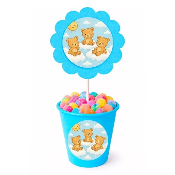 Centro de Mesa Flor Personalizado Ursinhos na Nuvem