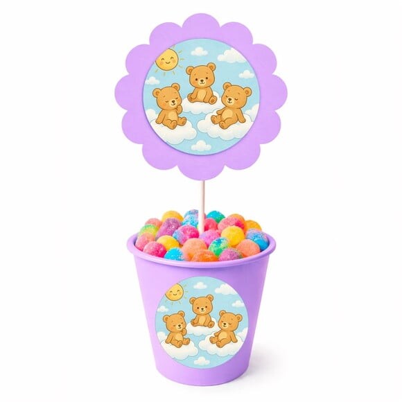 Centro de Mesa Flor Personalizado Ursinhos na Nuvem