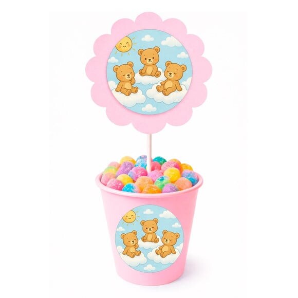 Centro de Mesa Flor Personalizado Ursinhos na Nuvem