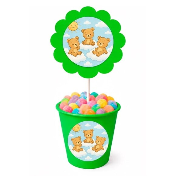 Centro de Mesa Flor Personalizado Ursinhos na Nuvem