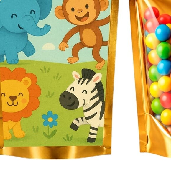 Saco Festa Metalizado Dourado 13x20 Animais Divertidos