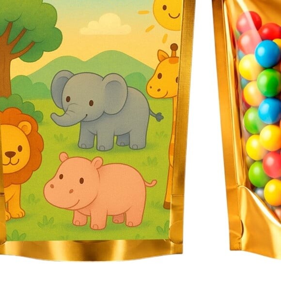 Saco Festa Metalizado Dourado 13x20 Animais Selvagens