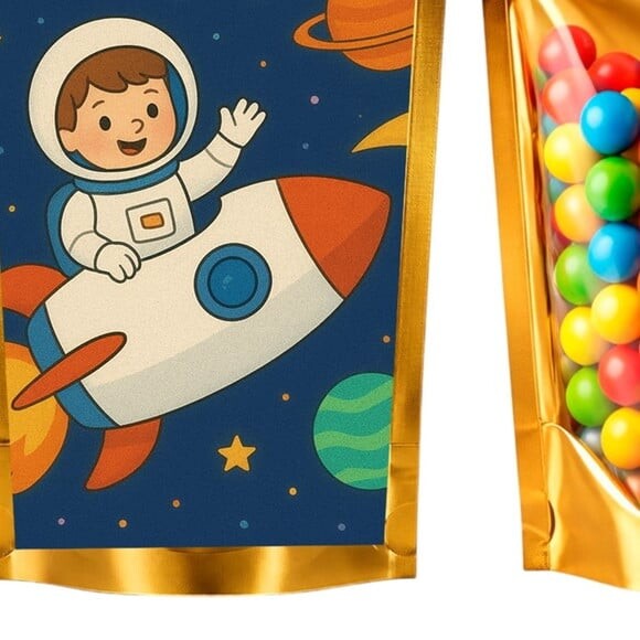 Saco Festa Metalizado Dourado 13x20 Aventura Espacial
