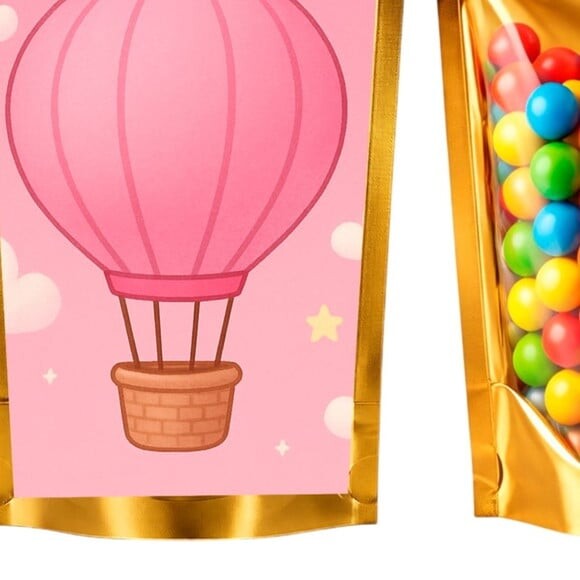 Saco Festa Metalizado Dourado 13x20 Balão de Ar Rosa