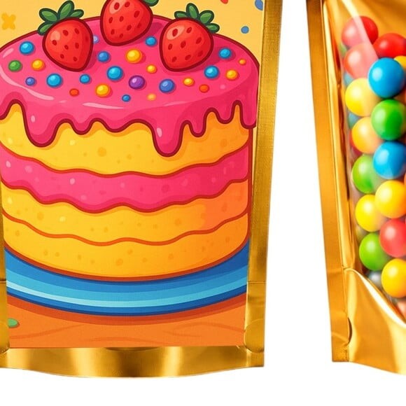 Saco Festa Metalizado Dourado 13x20 Bolo Confeitado