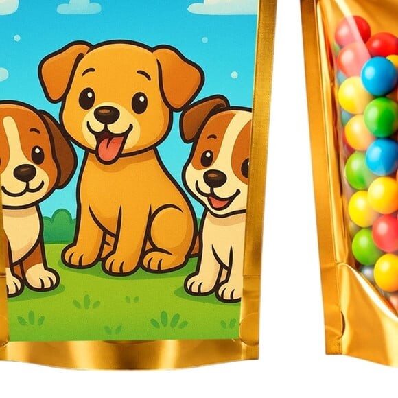 Saco Festa Metalizado Dourado 13x20 Cachorrinhos