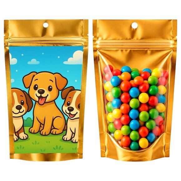 Saco Festa Metalizado Dourado 13x20 Cachorrinhos
