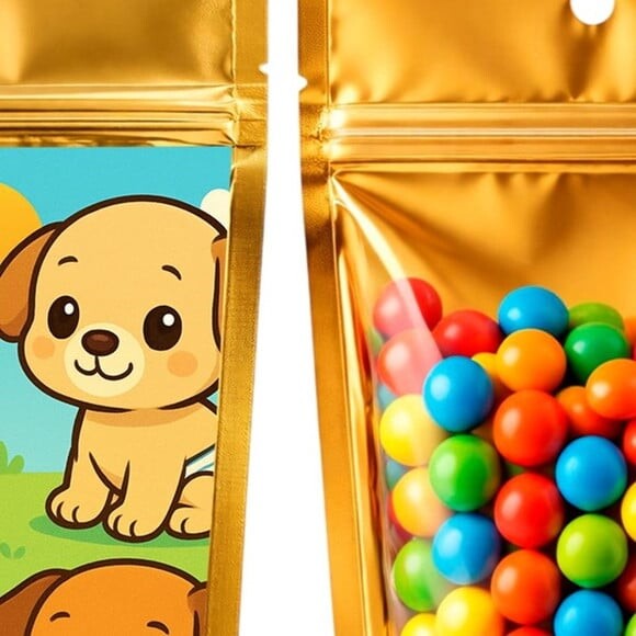 Saco Festa Metalizado Dourado 13x20 Cachorrinhos Baby